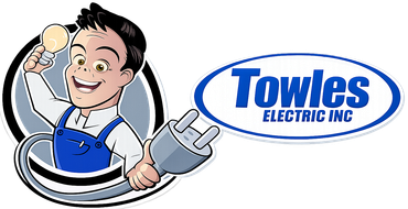 Towles Electric Inc. logo with a smiling electrician holding a light bulb and plug
