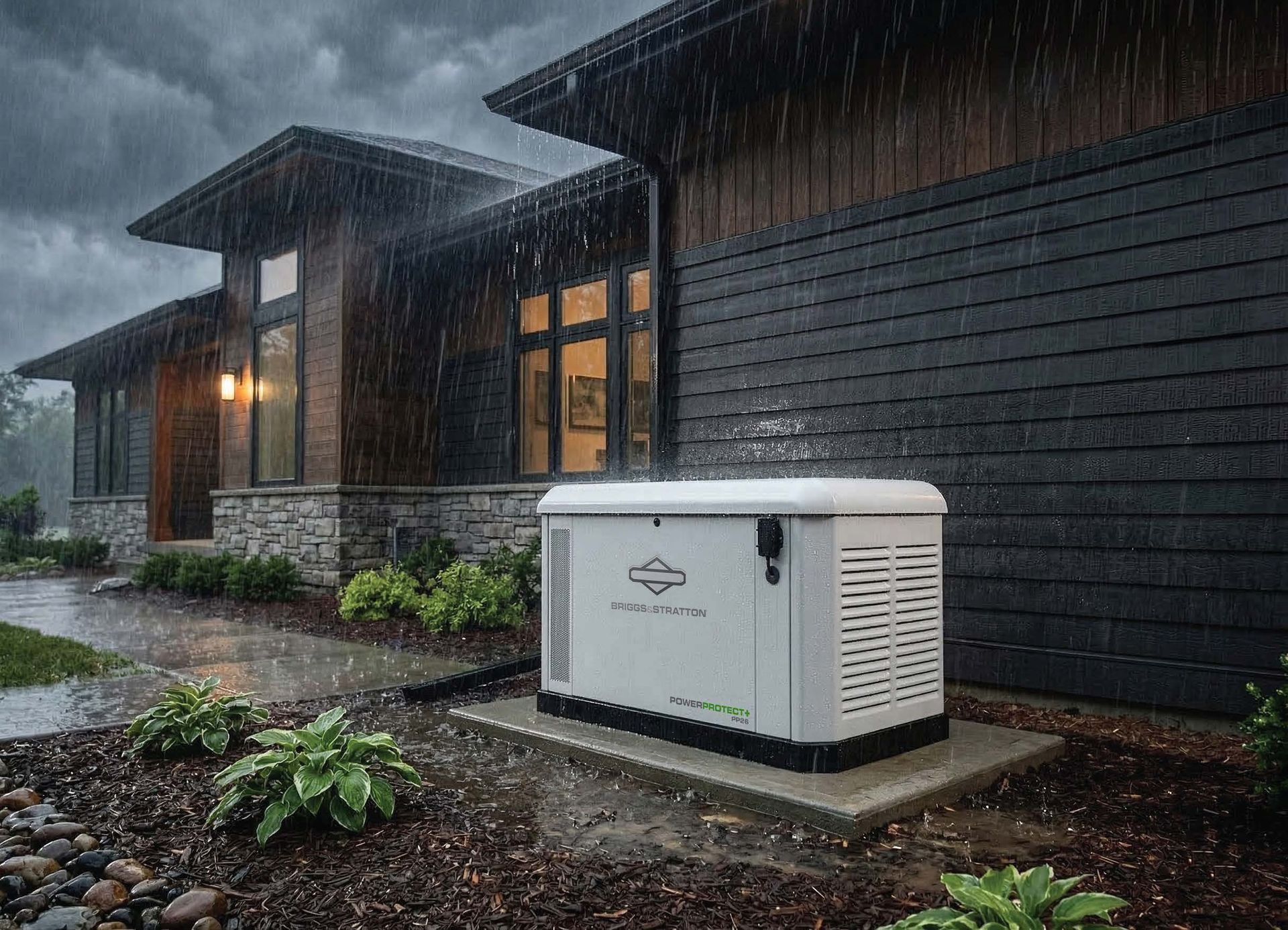 White generator beside a dark house in heavy rain, with wet walkway and garden bed