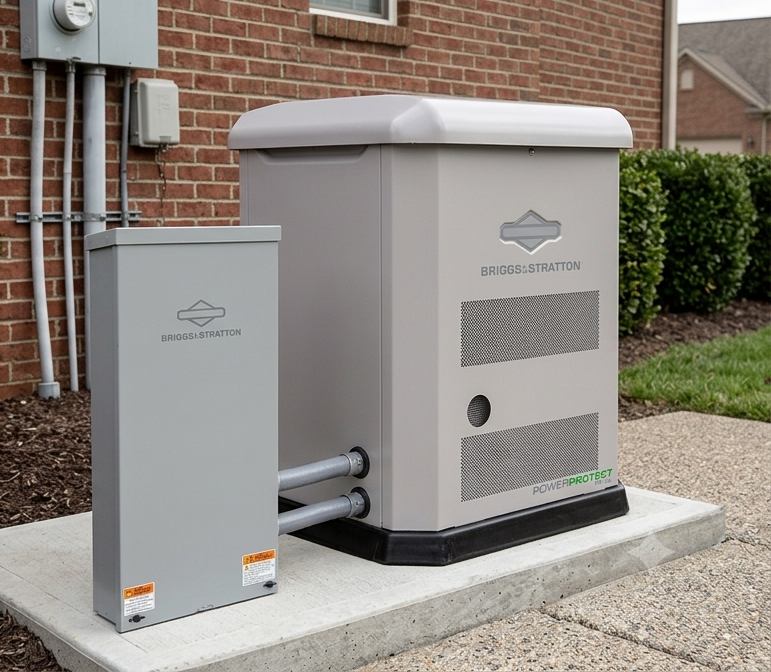 Two gray utility cabinets on a concrete pad beside a brick house and hedges.