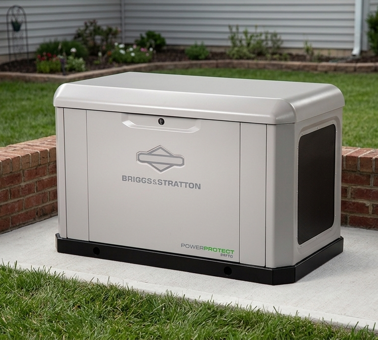 Beige BRIGGS & STRATTON generator enclosure on a concrete pad beside a house and brick garden wall
