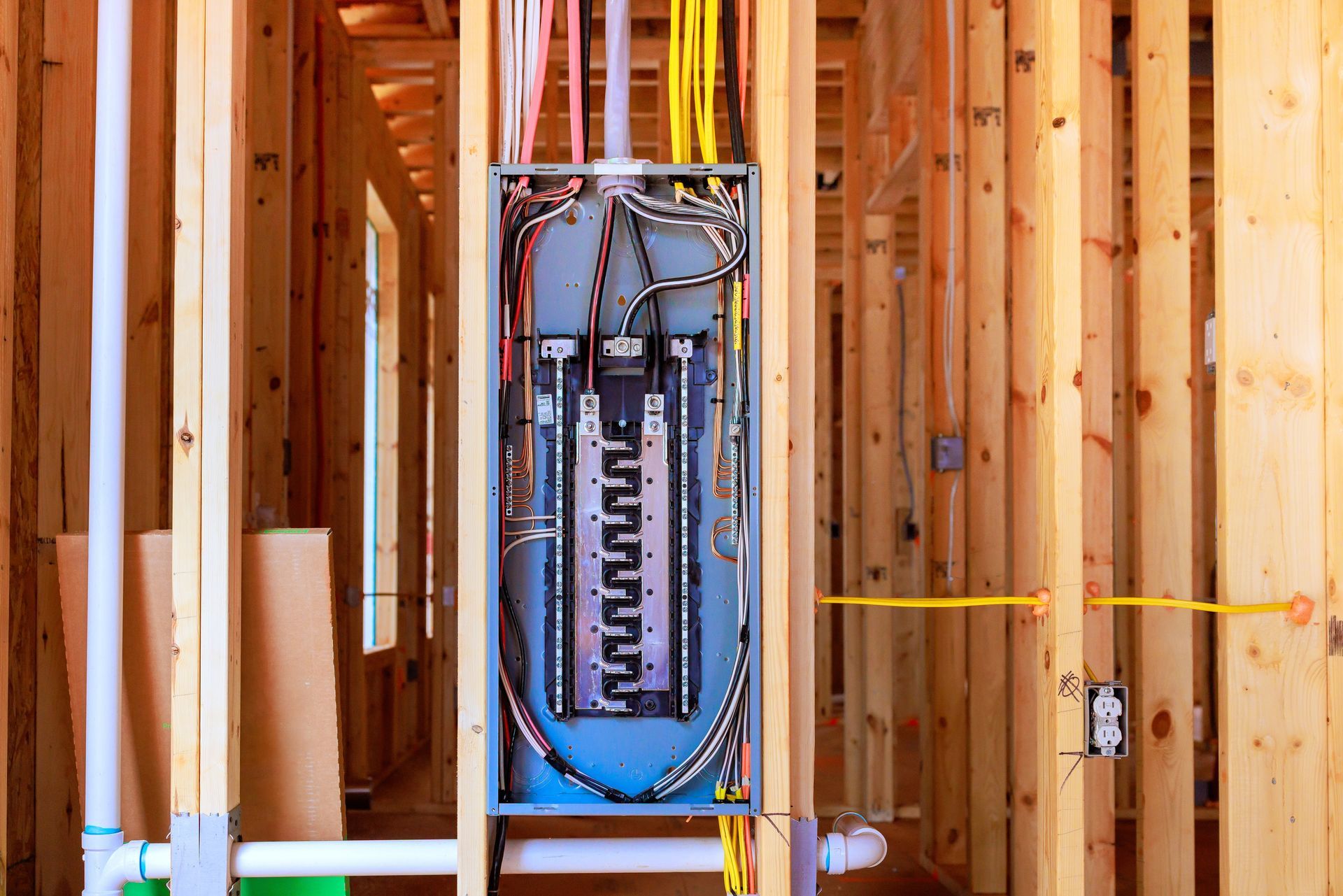 Electrical breaker panel mounted in unfinished wall framing with exposed wires and conduit