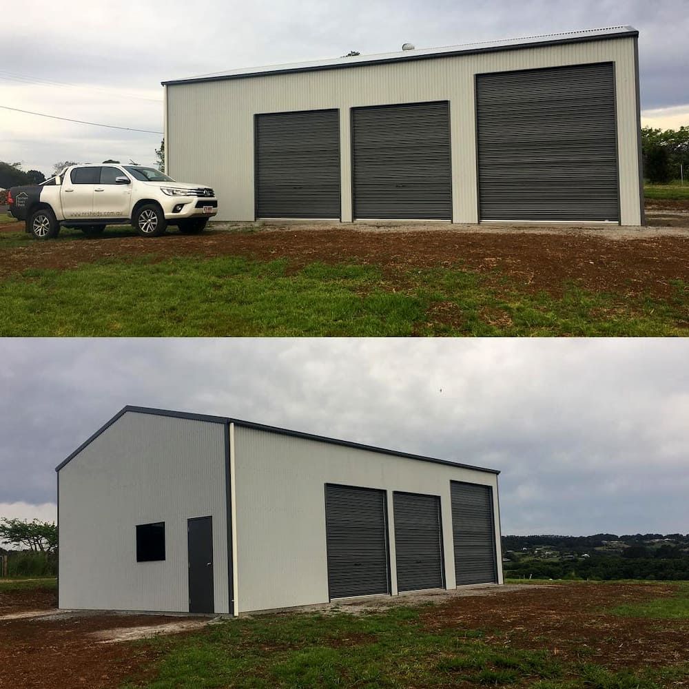 White Pickup Truck Next to a White Shed With Three Gray Garage Doors — Northern Rivers Sheds in South Lismore, NSW
