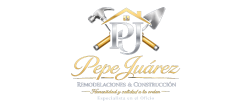 Logo for "Pepe Juárez Remodelaciones & Construcción" featuring a hammer, trowel, and house outline in silver and gold.