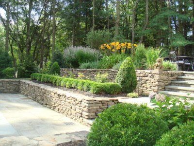 A stone wall is surrounded by trees and bushes in a garden.
