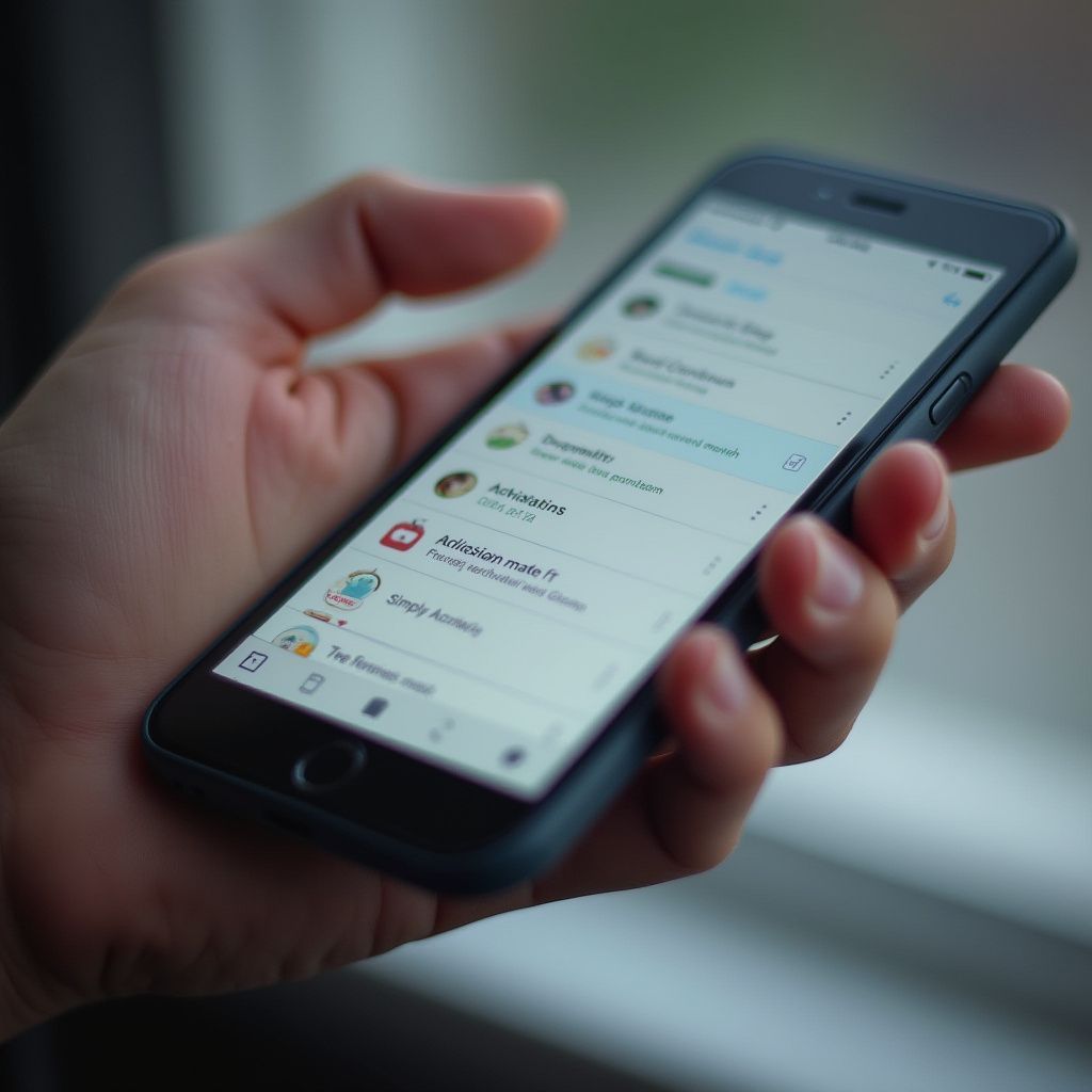 Hand holding a smartphone displaying a list of app notifications, possibly messaging or social media.