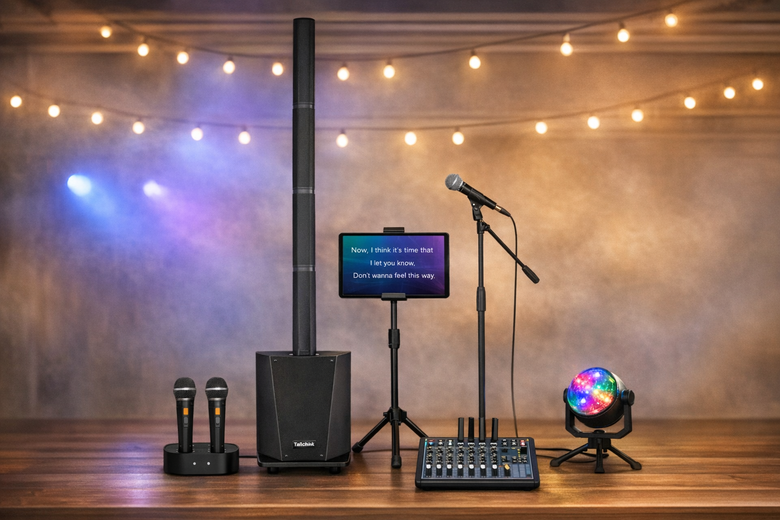 Sound system with speaker, mixer, microphones, stand, and tablet holder.