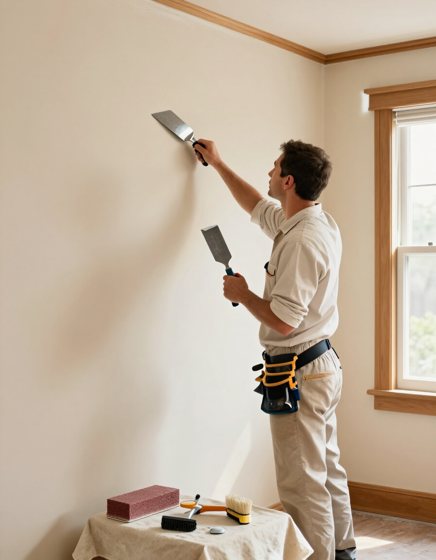 Profesional de pintura revisando una pared