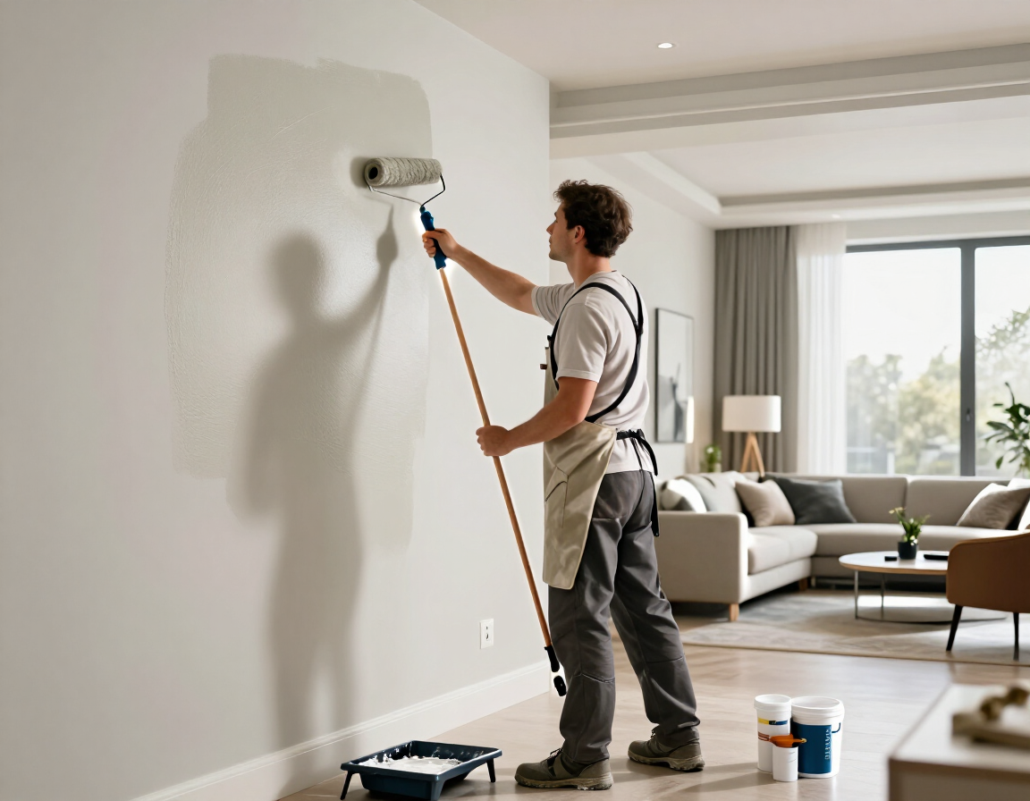 Pintor profesional aplicando pintura en interior de una casa moderna