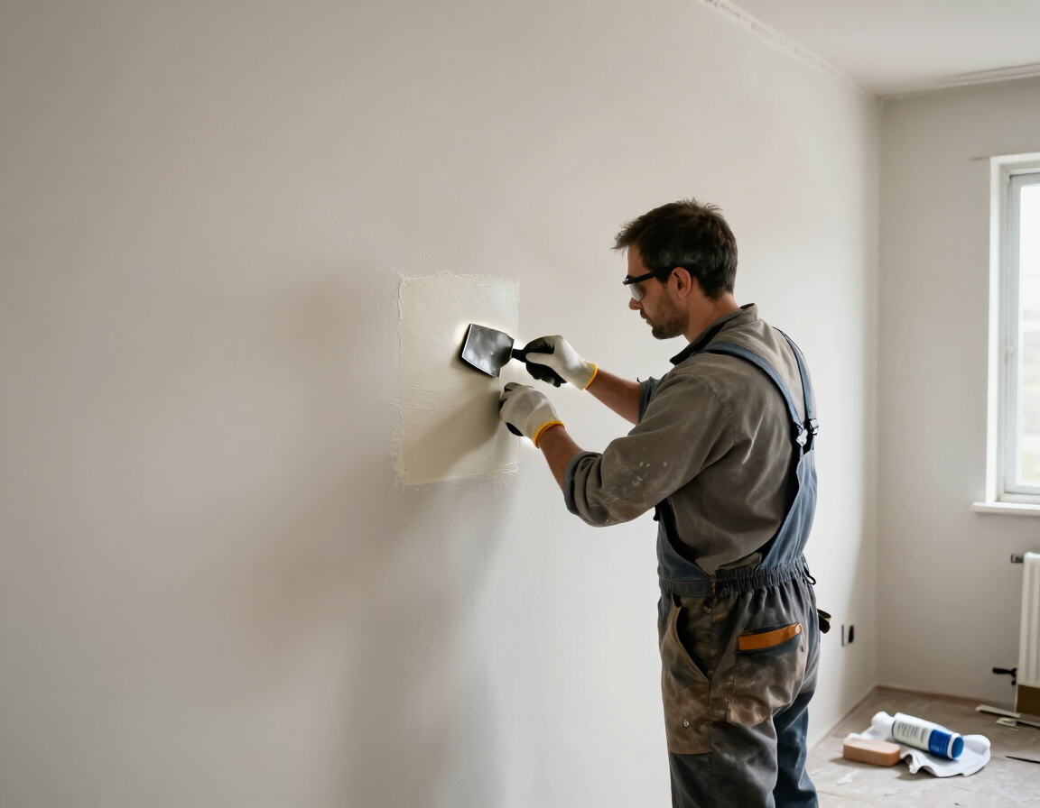 Trabajador resanando un muro antes de pintar
