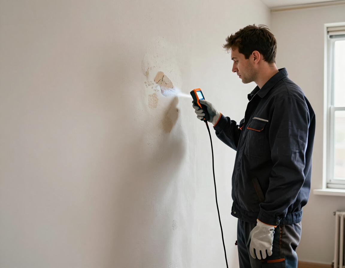 Especialista evaluando una zona húmeda en un muro interior