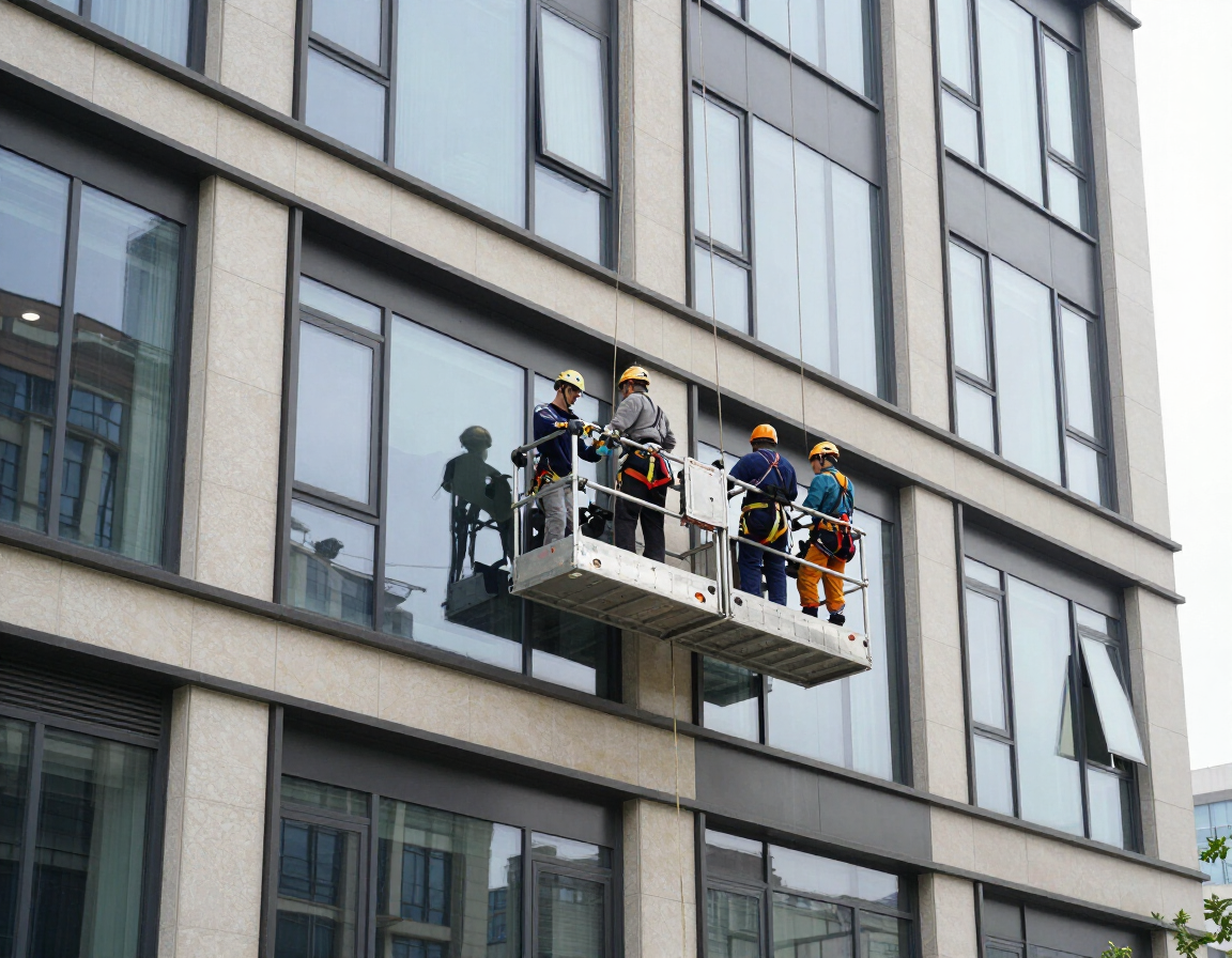 Edificio comercial con equipo de mantenimiento trabajando