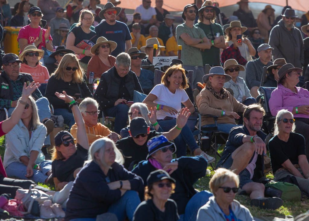 A large group of people are sitting in a field watching a concert.