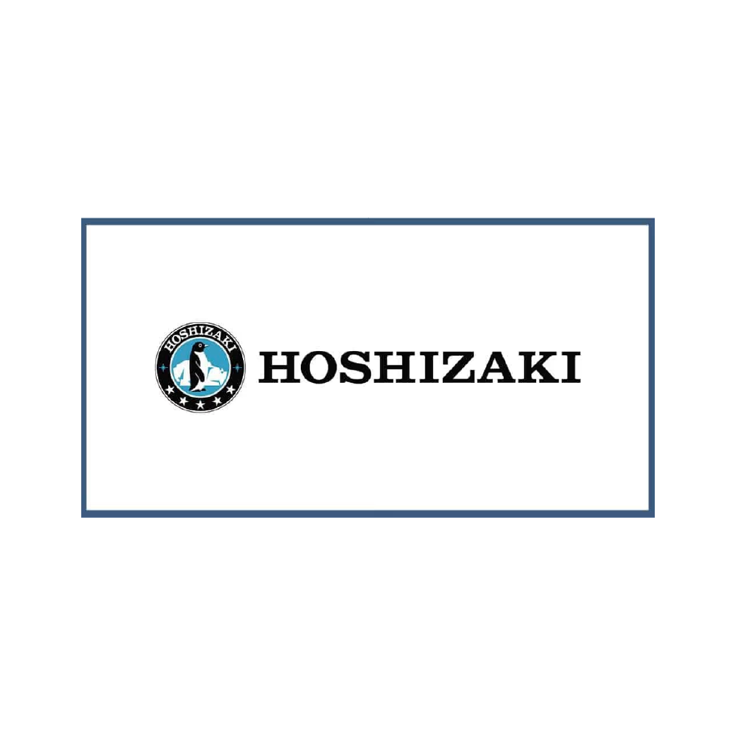 Hoshizaki logo: a circular emblem with text, set on a white rectangular background framed with a blue border.