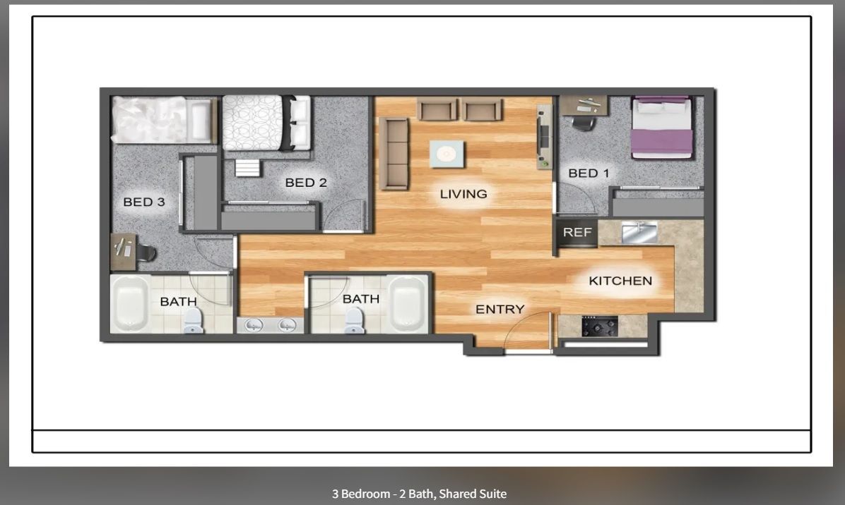 Floor plan of a small apartment with labeled rooms, light wood flooring, gray walls, and a balcony.