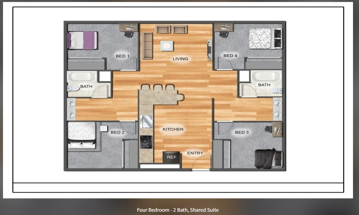Colorful apartment floor plan with central living area, kitchen, bedrooms, and bathrooms