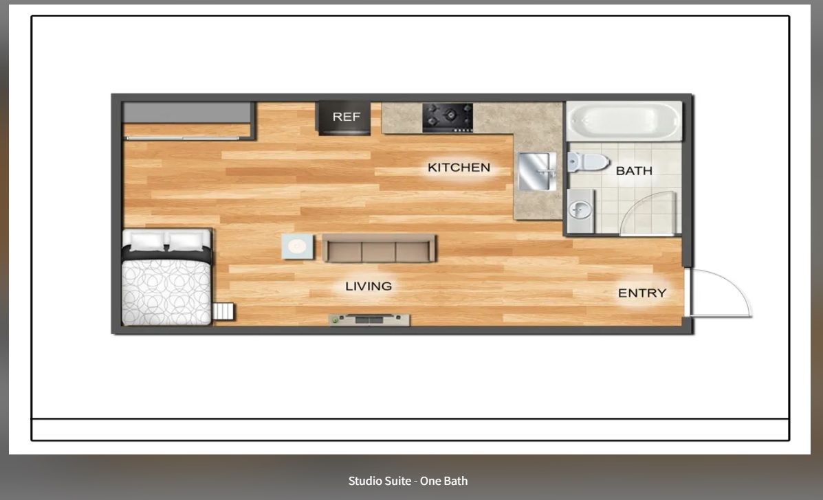 Floor plan of a small apartment with kitchen, living room, bathroom, and bedroom.