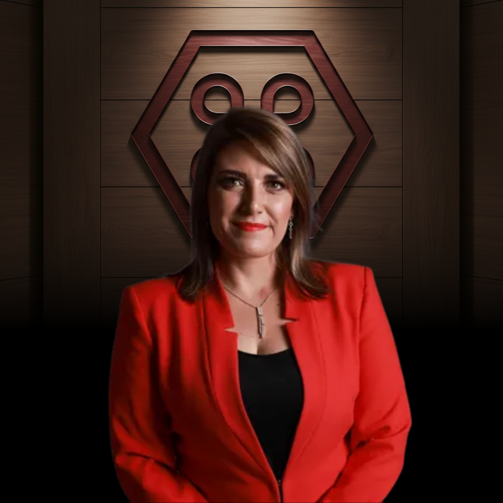A professional woman in a red blazer stands before a wood-paneled wall featuring a hexagonal emblem.
