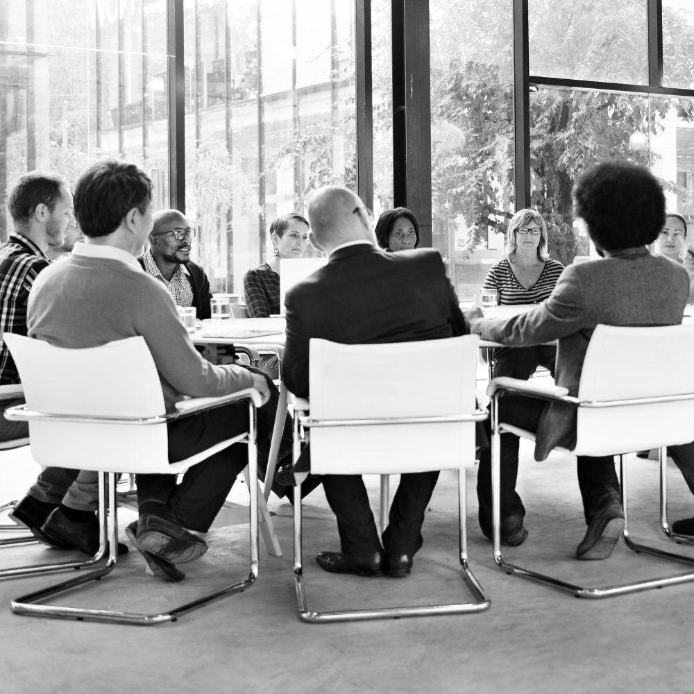 People seated around a conference table in a bright office meeting room