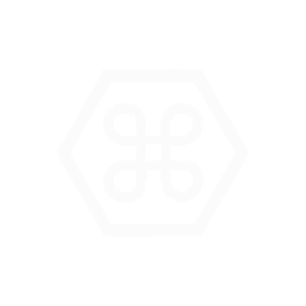 Faint hexagon logo with four circular shapes inside on a white background