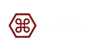 A maroon hexagonal border containing a stylized, looping, symmetrical knot symbol, set against a plain white background.