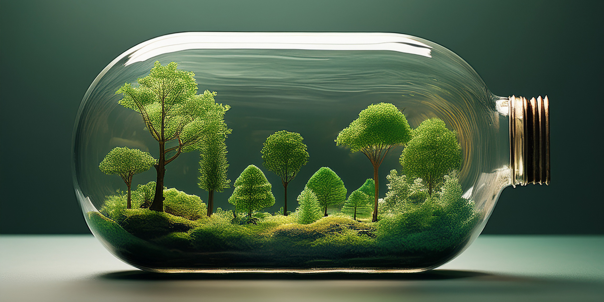 Glass bottle terrarium with lush green trees and moss inside on a light background