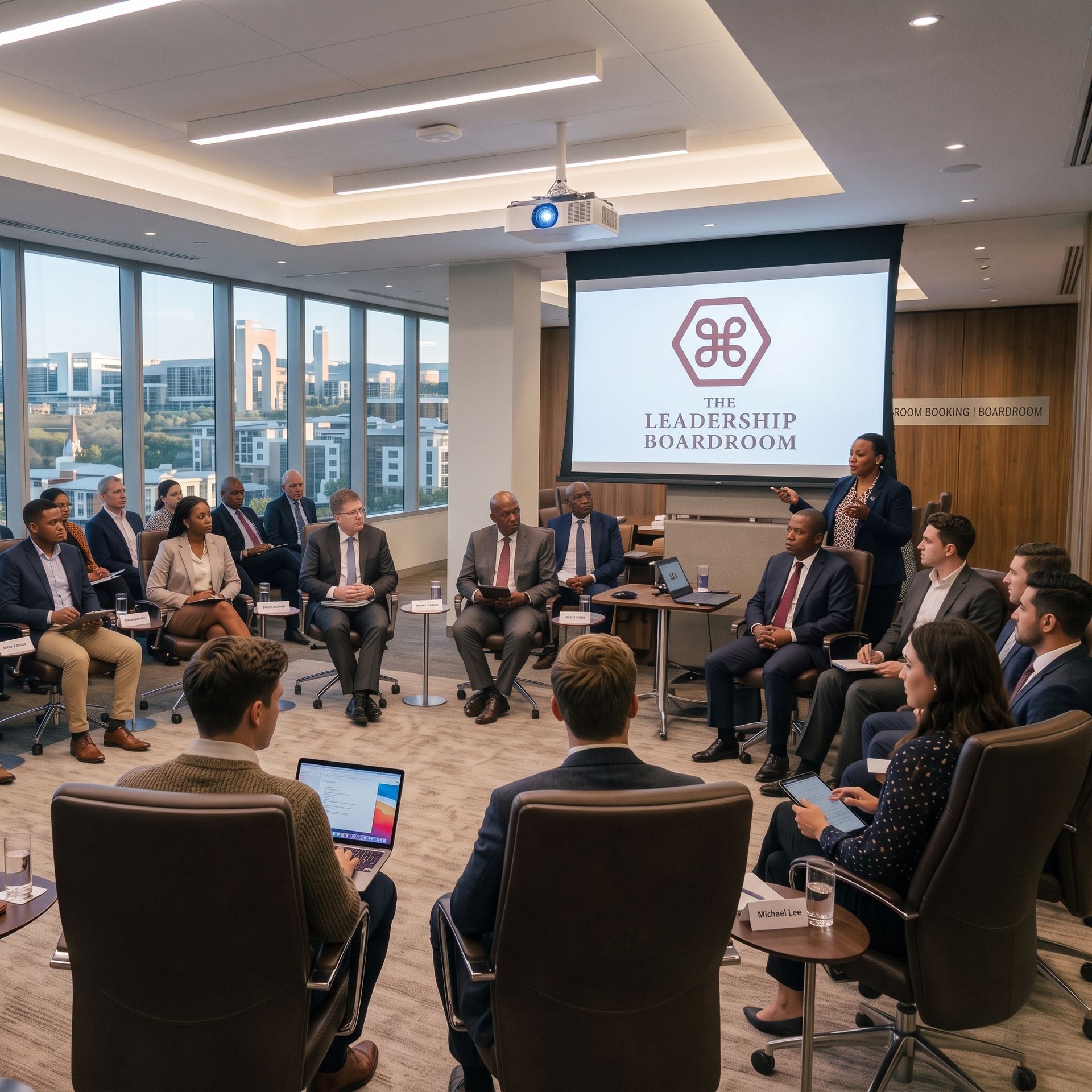 Business meeting in a bright conference room, with people seated in a circle around a presentation screen.