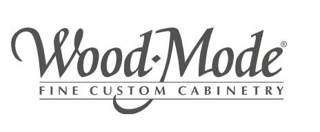The logo for wood mode fine custom cabinetry is black and white.