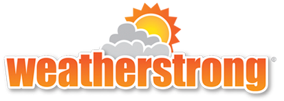 A weatherstrong logo with a sun and clouds