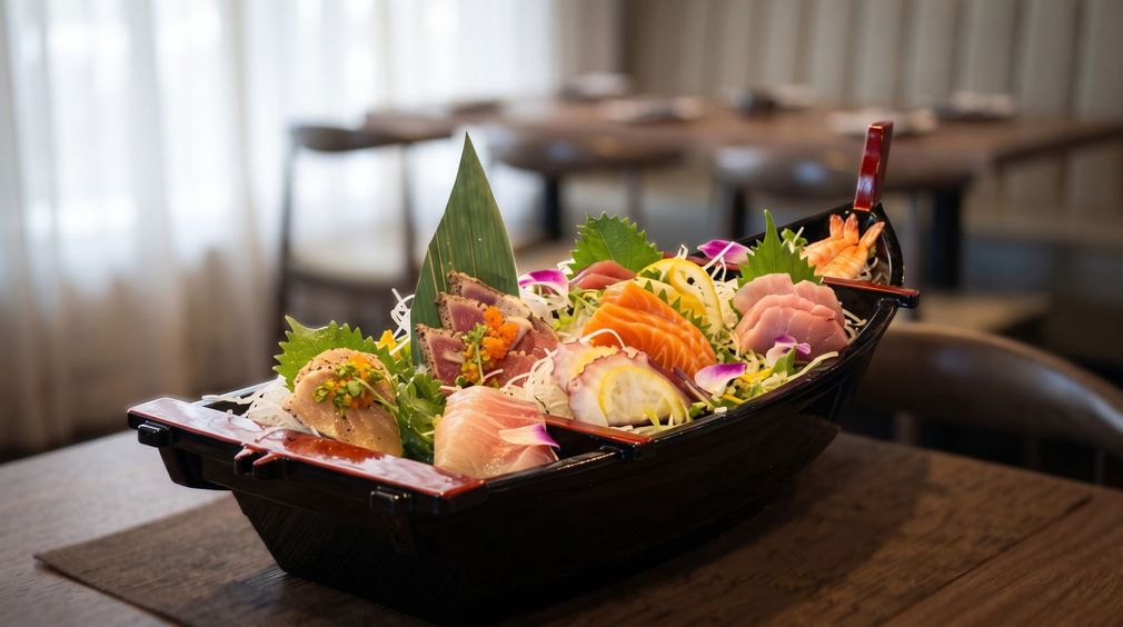 Assorted sushi and sashimi on a black boat platter, garnished with lemon, ginger, and greens on a table.