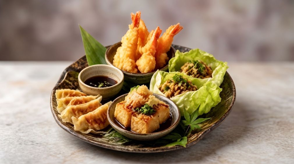 Plated fried shrimp with lettuce, dipping sauce, and side dishes on a dark tray