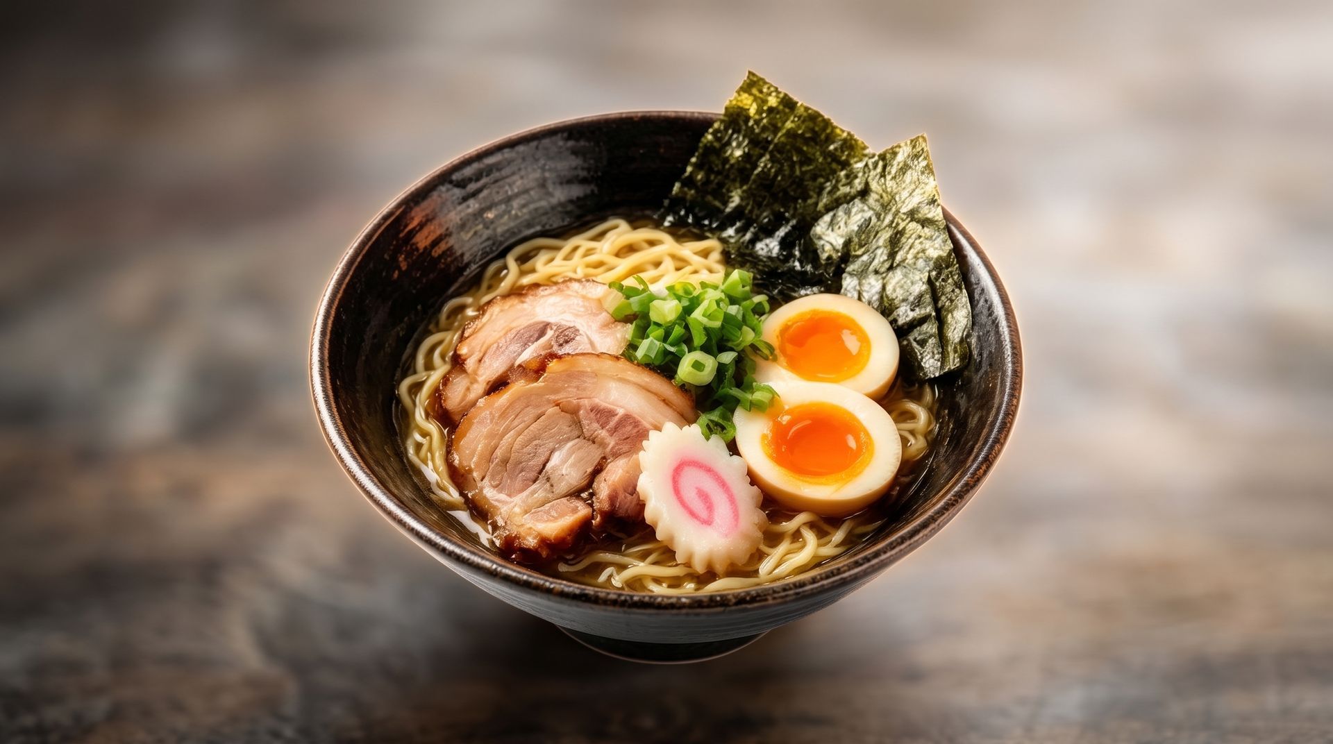 Bowl of ramen with sliced pork, soft-boiled eggs, noodles, and seaweed on a wooden table