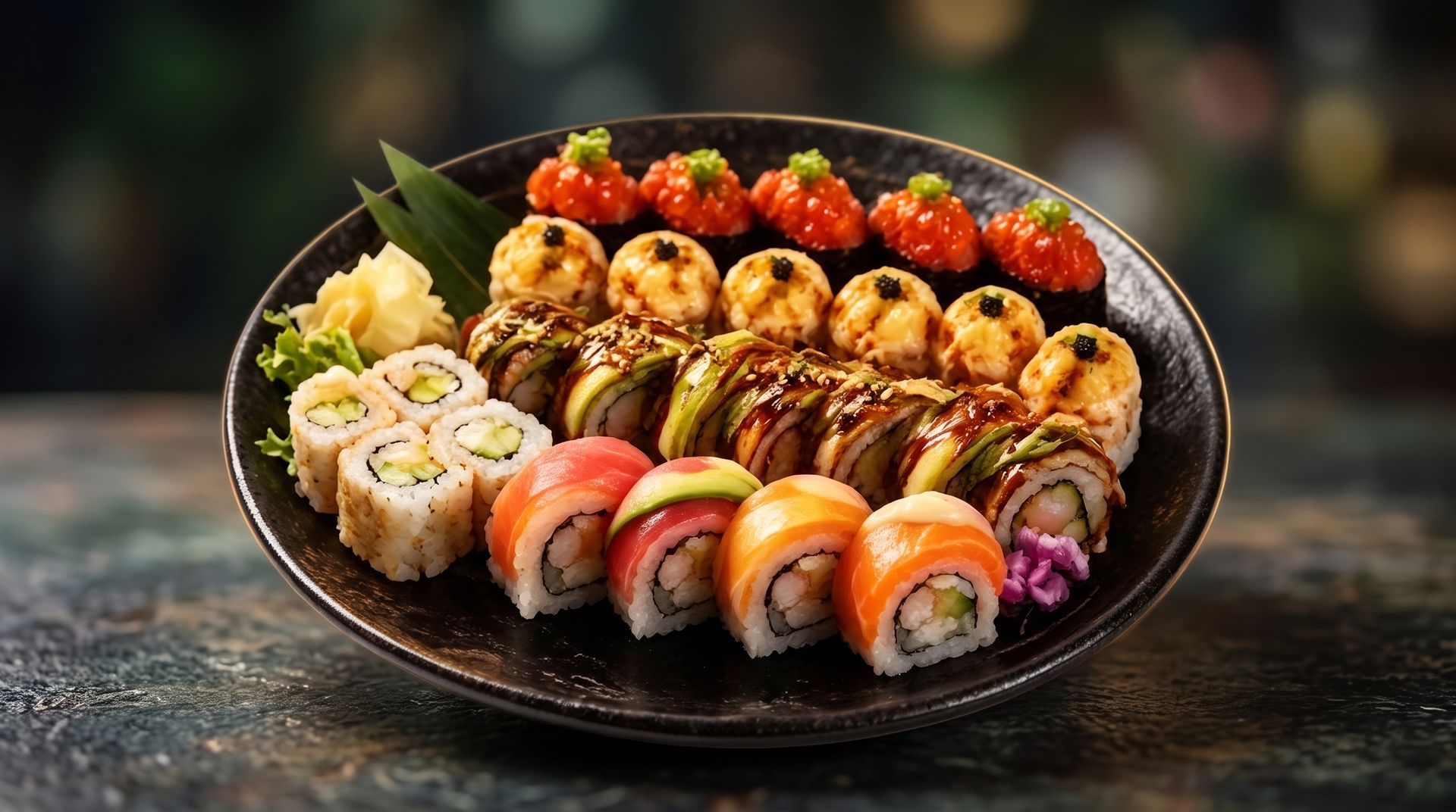 Assorted colorful sushi rolls and nigiri arranged on a black platter