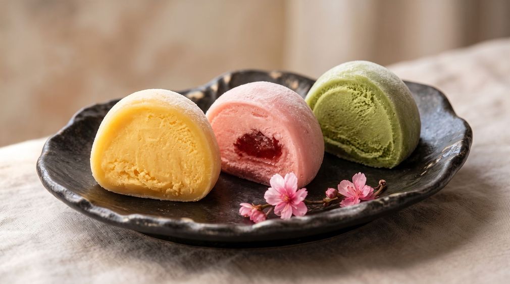 Three colorful mochi sweets on a dark plate with pink flowers