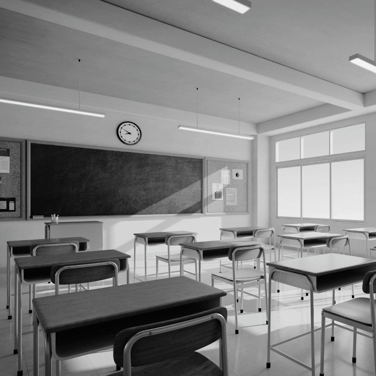 A black and white photo of a classroom with desks and chairs