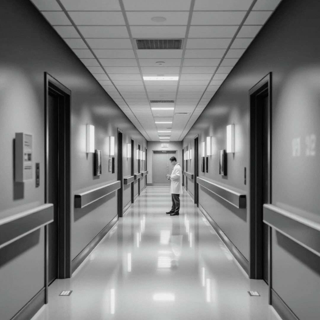 A man in a lab coat is standing in a hospital hallway
