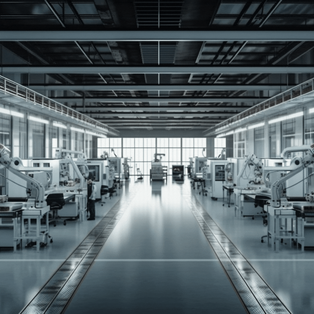 A black and white photo of a factory with lots of machinery