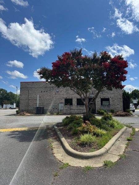 Small stone building behind a flowering tree and landscaped curb under a blue sky