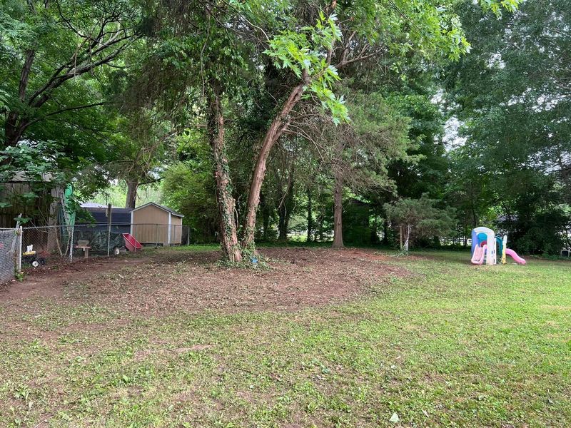 Tree-filled backyard with scattered leaves and two children playing near a pink-and-blue toy on the right
