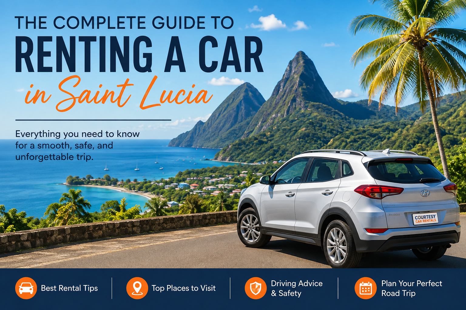 Complete guide to renting a car in Saint Lucia featuring a Courtesy Car Rentals SUV overlooking the 