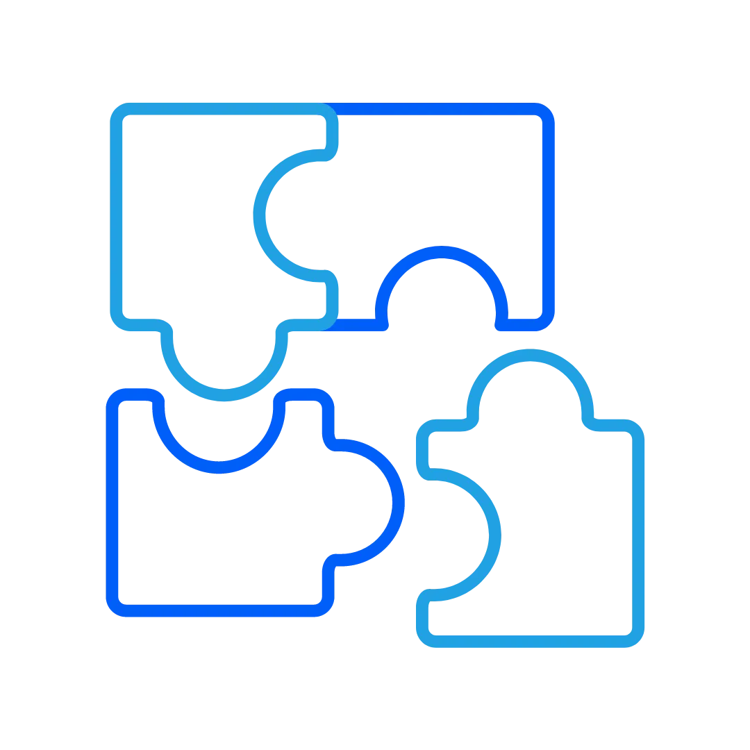 A line drawing of four puzzle pieces connected together on a white background.