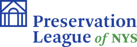 Logo for Preservation League of NYS, blue building icon, blue text,