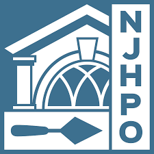 NJHPO logo: Blue and white. Includes a building facade, arched window, trowel, and vertical letters