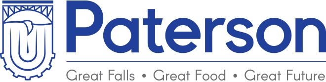 Logo for Paterson: Blue text and emblem with