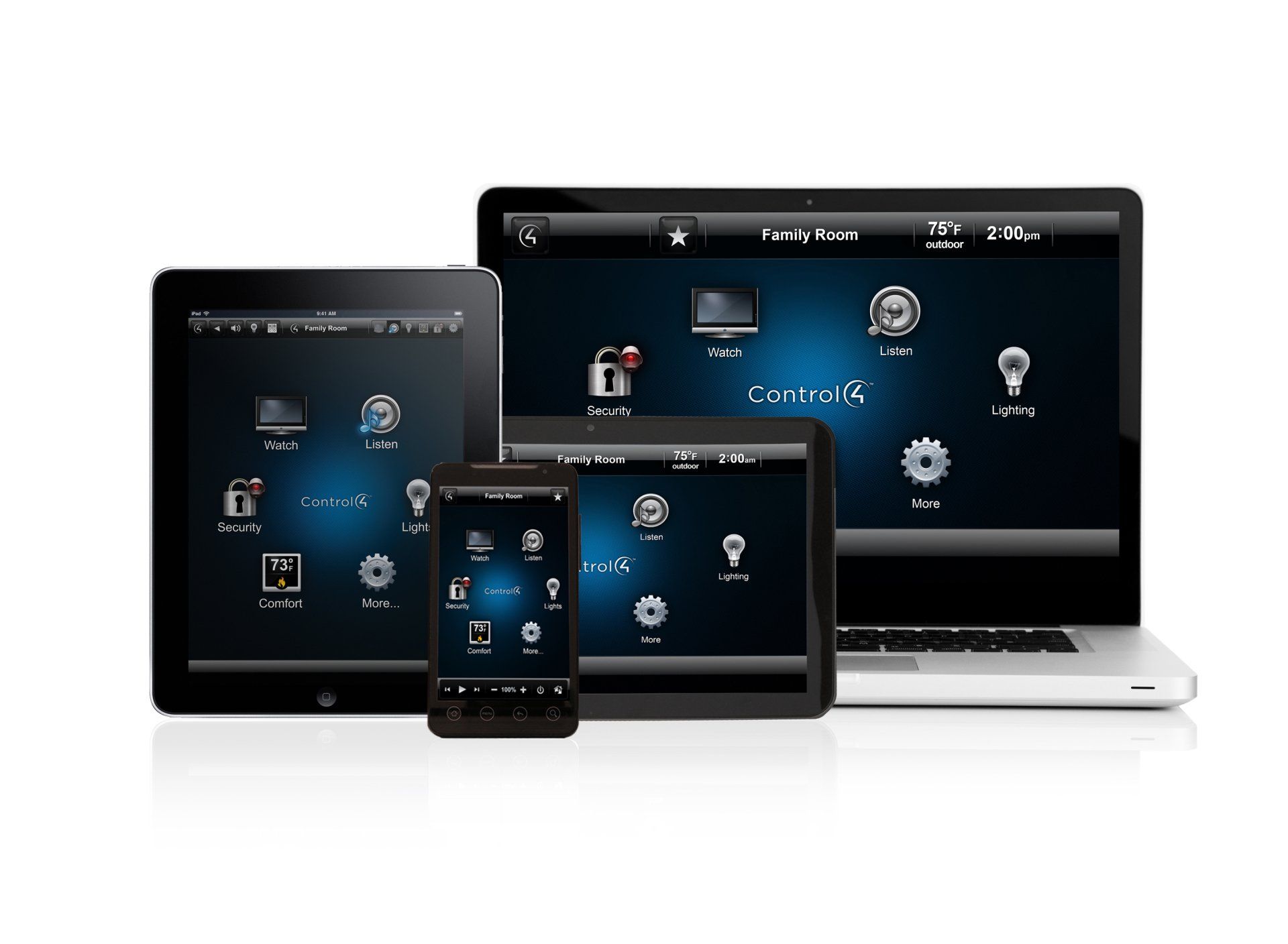 A laptop , tablet , and phone are all connected to a remote control.