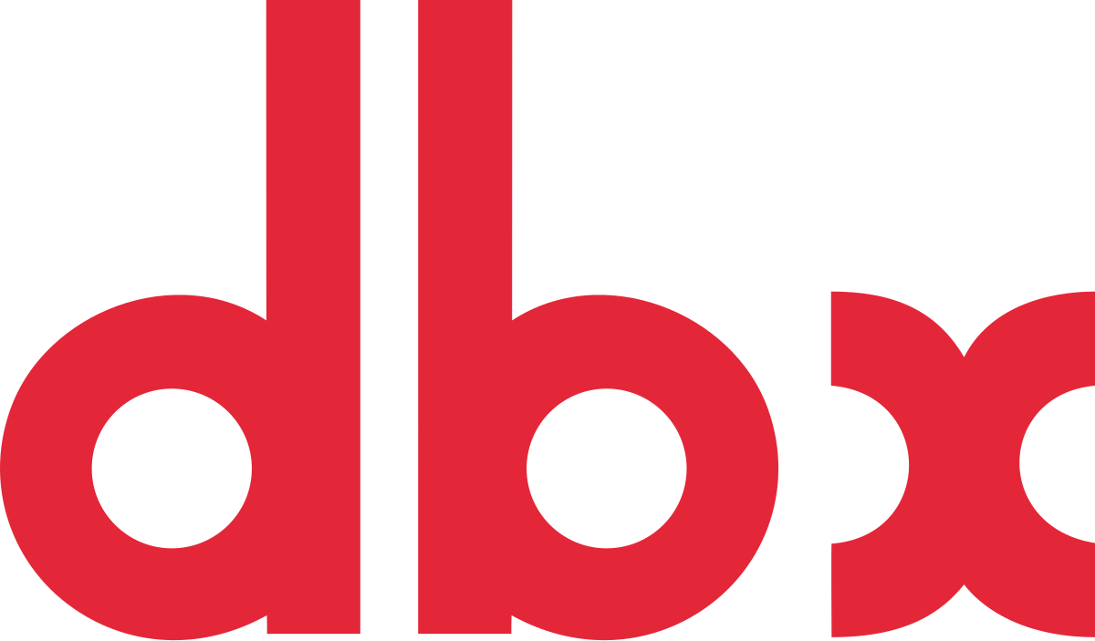 A red and white logo for dbx on a white background