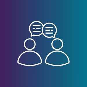 Two people talking, with speech bubbles above them on a blue-to-purple gradient background