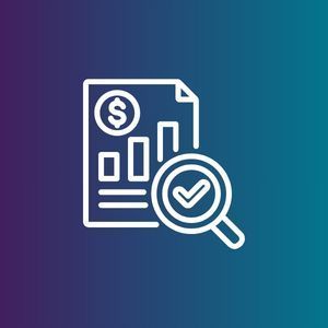 White finance report and magnifying glass with checkmark on blue-purple gradient background