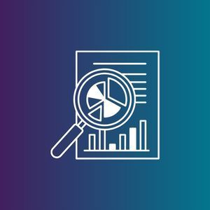 White analytics report with magnifying glass, pie chart, and bar graph on a purple-to-blue gradient background