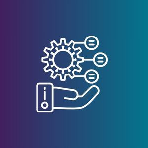White line icon of a gear above an open hand with three circular connectors on a purple-to-blue gradient background