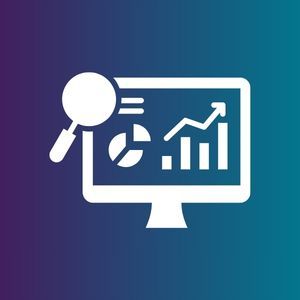 White analytics dashboard icon with charts and magnifying glass on blue-purple gradient background